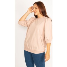 Kadın Pudra Omuz Büzgü Detaylı Kapri Kol Sweatshirt 65N34802