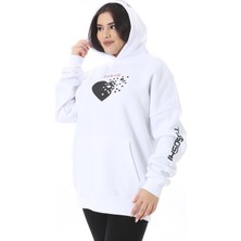 Kadın Büyük Beden Beyaz Polar Içi Şardonlu Baskı ve Kapşon Detaylı Sweatshirt 65N38623