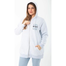 Kadın Büyük Beden Mavi Içi Şardonlu Ön Fermuar ve Kapşonlu Sweatshirt 65N37405