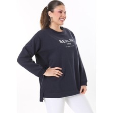 Kadın Büyük Beden Lacivert Içi Şardonlu Yırtmaçlı Sweatshirt 65N37716