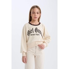 DeFacto Kız Çocuk Relax Fit Bisiklet Yaka Baskılı İçi Yumuşak Tüylü Sweatshirt D7042A824WN