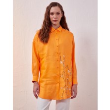 Kayra Keten Nakışlı Düşük Omuz Tunik-Şeftali