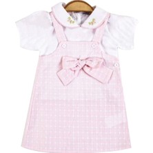 Kız Bebek Ekru Pembe Ekoseli Fiyonklu Jile Elbise Takım - 1014255