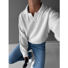 Abluka Online Erkek Polo Yaka Yumuşak Dokulu Oversize Kazak Ekru
