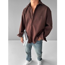 Erkek Oversize Basic Uzun Kollu Kaşe Gömlek Kahverengi