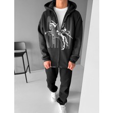 Erkek Oversize Baskılı Kapüşonlu Fermuarlı Sweatshirt Siyah