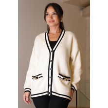 Düğmeli Cep Detaylı Ekru Kadın Hırka 013-2K5