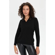 Polo Yaka Işlemeli Siyah  Kadın Bluz 24092-PY-2K5