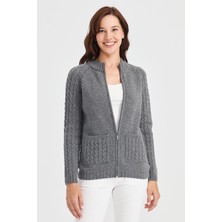 Dik Yaka Kolları Örgülü Füme Kadın Mont  23203-DY-2K5