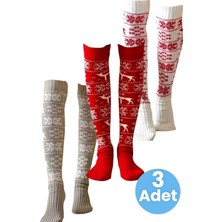 Uniquetrenders Kadın 3 Renkli Yeni Yıl Temalı Kar Tanesi Desenli Diz Üstü Çorap