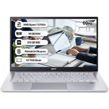 Acer Swift 3 Sf314-43-R09W AMD Ryzen7 5700U 16GB 512GB SSD AMD Radeon Dos 14'' FHD 60 Hz Gümüş Notebook NX.AB1EY.00C