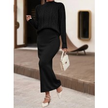 Kadın Uzun Kollu Balıkçı Yaka Bluz ve Etek Ikili Triko Takım