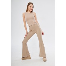 Kadın Bej Yüksek Bel Fitilli Ispanyol Paça Tayt