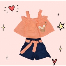 Kız Çocuk Turuncu Çiçek Nakışlı Bluzlu Şortlu Takım