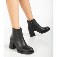 Bess Shoes Kadın Siyah Orta Boy Topuklu Bot, Fermuarlı Bot, Kadın Bot, Topuklu Bot