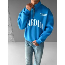 Erkek Oversize Yarım Fermuarlı Dik Yakalı Baskılı Sweatshirt Mavi