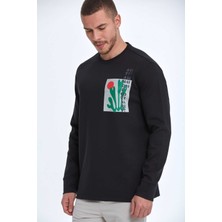 Voltaj Pattern Bisiklet Yaka Erkek Sweatshirt Siyah