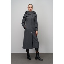 Olcay Kapüşonlu Çıt Çıt Kapamalı Yün Karışımlı Uzun Kap ANTRASİT 6631