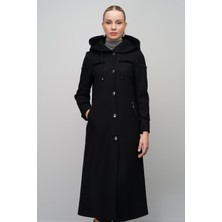 Olcay Kapüşonlu Çıt Çıt Kapamalı Yün Karışımlı Uzun Kap Siyah 6631