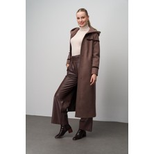 Olcay Kapüşonlu Çıt Çıt Kapamalı Yün Karışımlı Uzun Kap KAHVE MELANJ 6631