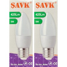 Şavk 5W (37W) 3000K (Sarı Işık) E27 Duylu LED Mum Ampul (2 Adet)