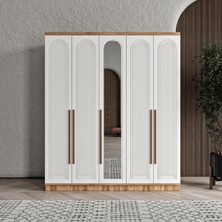 GuneyStore Ücretsiz Montaj - %100 MDF Rosa 5 Kapaklı Aynalı Atlantik Çam Beyaz Gardırop - MDF Dolap - Elbise Dolabı