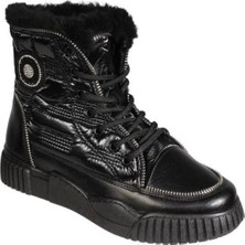 Yaz Kış Ayakkabı Yazkış Kadın Siyah Ten Paraşüt Kumaş Taşlı Içi Kürklü Fashıon Düz Taban Bot