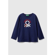 United Colors Of Benetton Erkek Çocuk Lacivert Çok Renkli Logo Baskılı Bisiklet Yaka Uzun Kollu T-Shirt