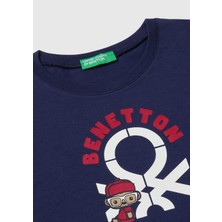 United Colors Of Benetton Erkek Çocuk Lacivert Çok Renkli Logo Baskılı Bisiklet Yaka Uzun Kollu T-Shirt