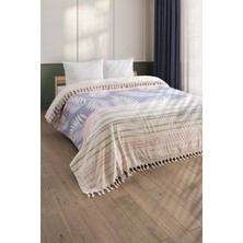 Sevim %100 Pamuk Çift Kişilik Havlu Yatak Örtüsü - Tropikal Desen & Püsküllü Pike - 220X240 cm - Bordo Çizgili Sarı