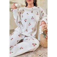 Bella Notte Çiçek Desenli Fitilli Pamuklu Uzun Pijama Takımı
