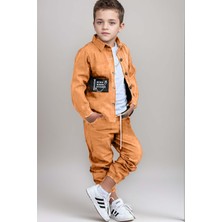 Riccotarz Erkek Çocuk Cıtcıt Düğme Detaylı Gömlek Yaka Ceket Penye Tişört Taba Eşofman Takım