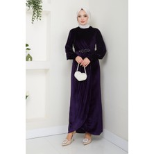 Ayşe Melek Tasarım Kadın Giyim Abiye Moda Taş Tokalı Kadife Abiye Elbise 2533