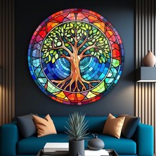 Teknoo- Mozaik Desenli Hayat Ağacı Sanatsal Yuvarlak Cam Tablo