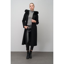 Olcay Kürklü Kapüşonlu Beli Büzgülü Yün Karışımlı Kap Siyah 6633