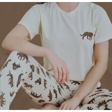 Krem Leopar Desenli Kısa Kol Örme Zincir Kadın Pijama Takımı