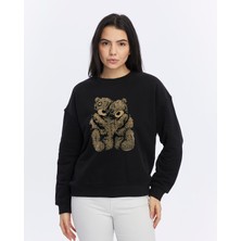 Kadife Ayıcıklar Desenli Siyah Yumuşak Dokulu Regular Fit Bisiklet Yaka Kadın Sweatshirt