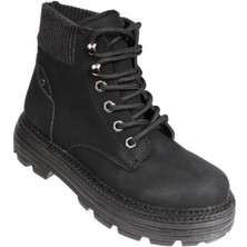 Yaz Kış Ayakkabı Yazkış Kadın Siyah Ten Mat Cilt Bağcıklı Bileği Lastikli 5cm Kalın Taban Bot