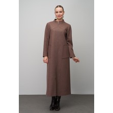 Olcay Taş Detaylı Büyük Beden Yün Karışımlı Uzun Kap Melanj Kahve 6634