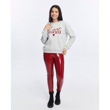 Kaf Kumaş Kadife Love Yourself Desenli Gri Melanj Yumuşak Dokulu Regular Fit Bisiklet Yaka Kadın Sweatshirt