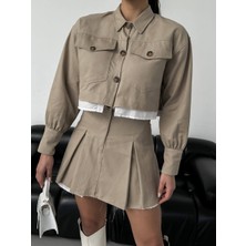 Moda Kadın Pileli Etek Crop Ceket Takım