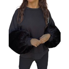 To The Moon & Sun Kolları Kürk Siyah Sweatshirt
