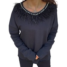Incili Otriş Yaka Siyah Sweat Bluz
