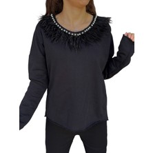 Incili Otriş Yaka Siyah Sweat Bluz