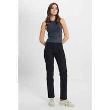 Straight Fit Düz Kesim Yüksek Bel Düz Paça Siyah Jean Kot Pantolon