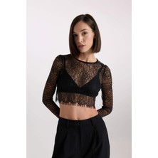 DeFacto Crop Bisiklet Yaka Dantel Uzun Kollu Bluz E0210AX24AU