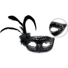 Sinerji Shop Siyah Renk Yandan Tüylü Güllü Gümüş Taşlı Pullu Maske 20x22 cm