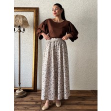 Küçüğüm Butik Gri Kahve Çiçekli Kloş Poplin Etek