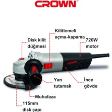 Crown Avuç Taşlama Makinası 720W 115 mm CT13499-115R Elektrikli Avuç İçi Taşlama