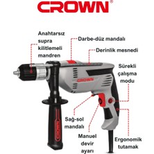 Crown Darbeli Matkap 750W CT10129C Devir Ayarlı Ergonomik Elektrikli Matkap